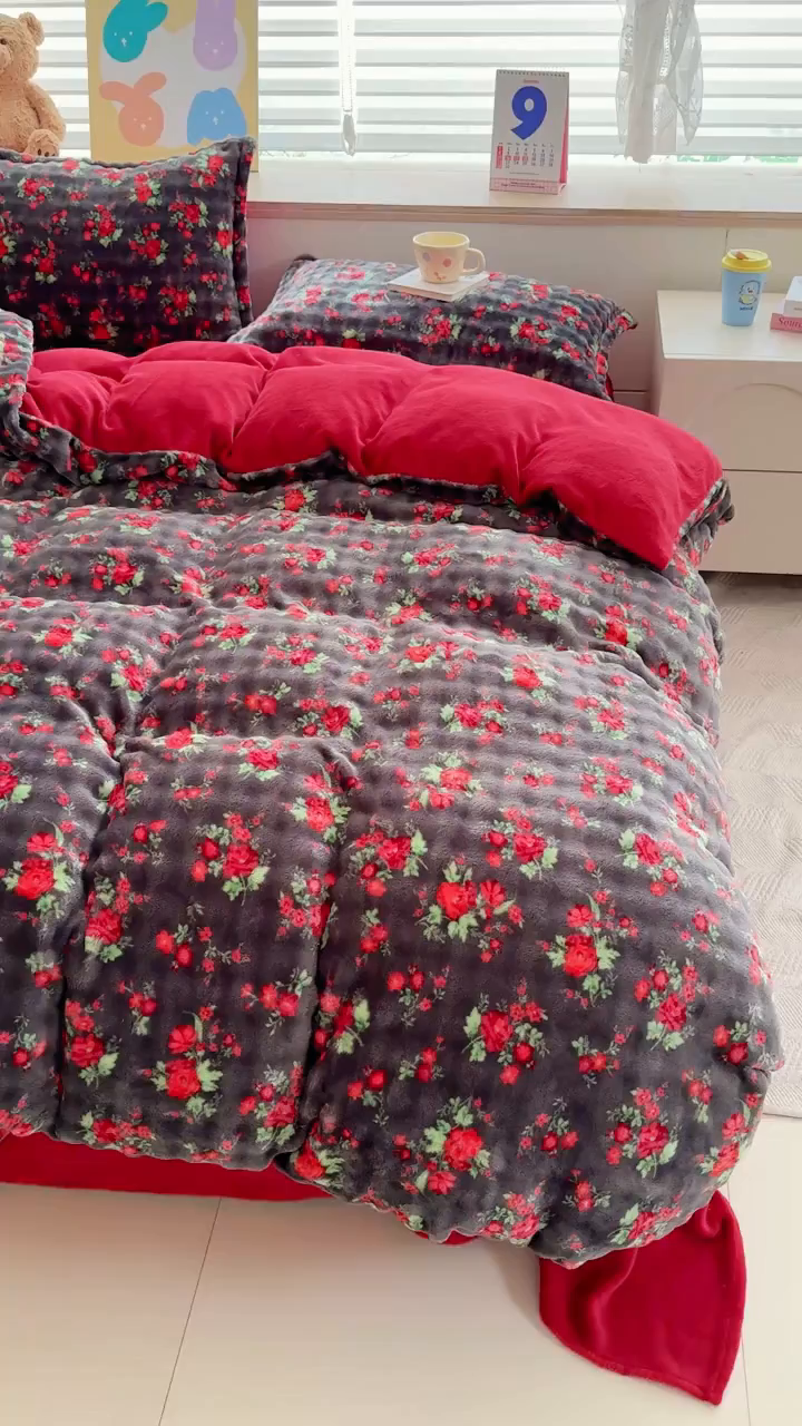 91家纺网 家纺一手货源 找家纺 梵克保罗 2025秋冬新款牛奶绒泡泡绒印花卡通花卉兔毛外贸跨境单枕套单被套小号三件套四件套 花仙子