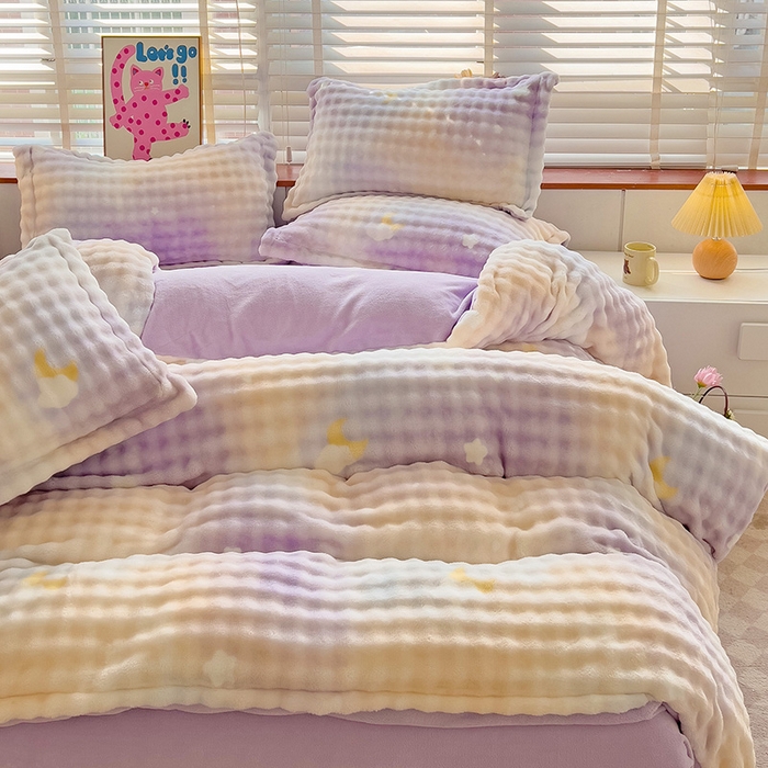 91家纺网 家纺一手货源 找家纺 梵克保罗 2025秋冬新款牛奶绒泡泡绒印花卡通花卉兔毛外贸跨境单枕套单被套小号三件套四件套 梦幻星空