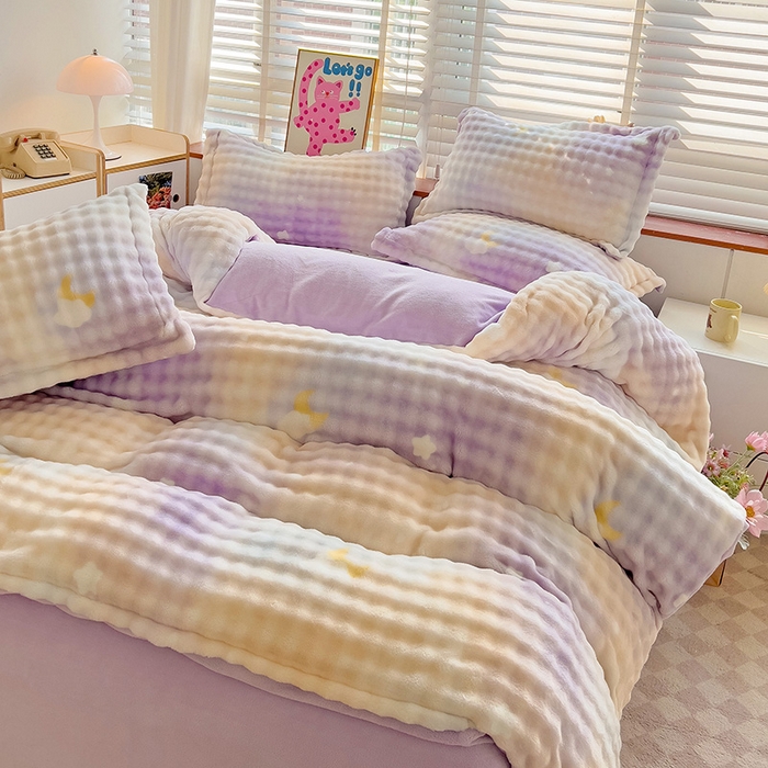 91家纺网 家纺一手货源 找家纺 梵克保罗 2025秋冬新款牛奶绒泡泡绒印花卡通花卉兔毛外贸跨境单枕套单被套小号三件套四件套 梦幻星空