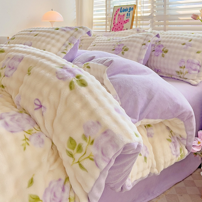 梵克保罗 2025秋冬新款牛奶绒泡泡绒印花卡通花卉兔毛外贸跨境单枕套单被套小号三件套四件套 田园生活