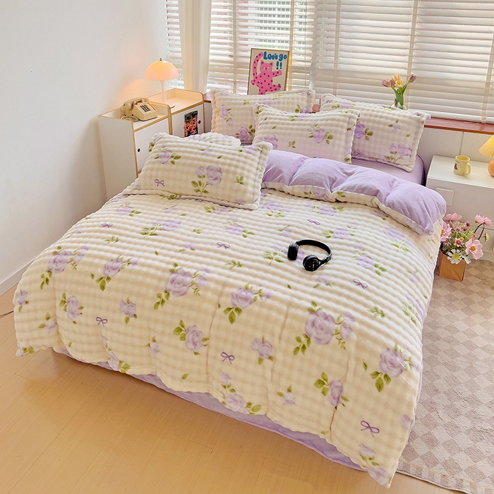 91家纺网 家纺一手货源 找家纺 梵克保罗 2025秋冬新款牛奶绒泡泡绒印花卡通花卉兔毛外贸跨境单枕套单被套小号三件套四件套 田园生活