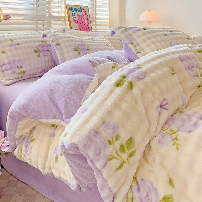 91家纺网 家纺一手货源 找家纺 梵克保罗 2025秋冬新款牛奶绒泡泡绒印花卡通花卉兔毛外贸跨境单枕套单被套小号三件套四件套 田园生活