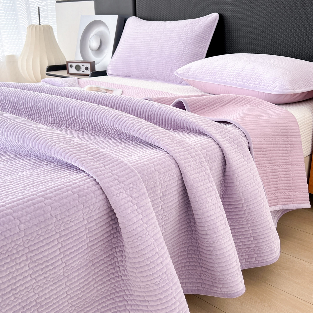 91家纺网 家纺一手货源 找家纺 沐纯家居 2025新款婴儿绒天丝水洗床盖三件套-赫拉 赫拉-香芋紫