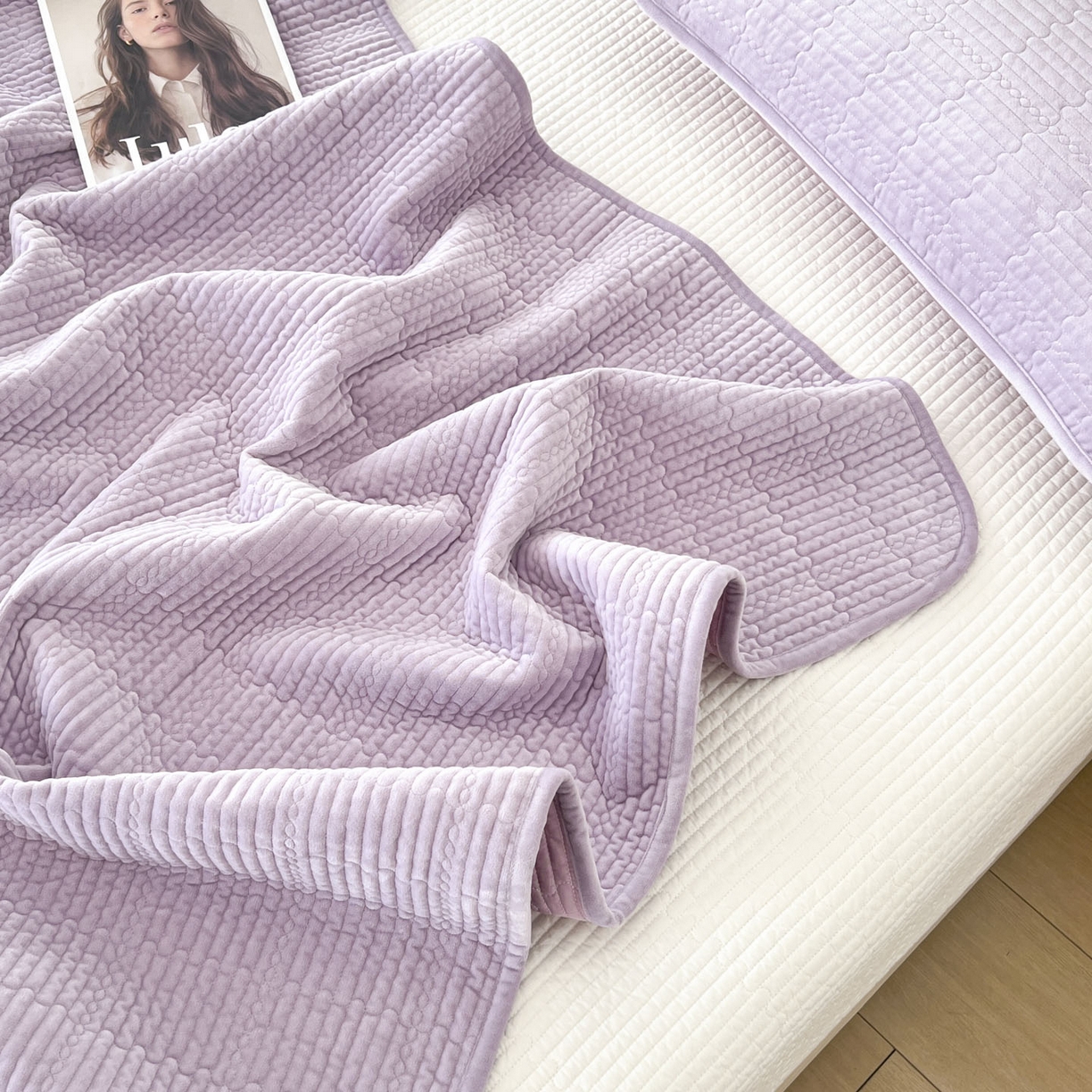 91家纺网 家纺一手货源 找家纺 沐纯家居 2025新款婴儿绒天丝水洗床盖三件套-赫拉 赫拉-香芋紫