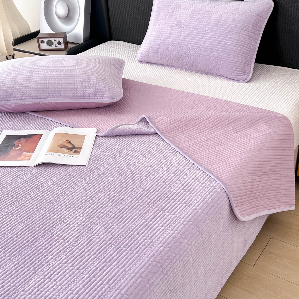 91家纺网 家纺一手货源 找家纺 沐纯家居 2025新款婴儿绒天丝水洗床盖三件套-赫拉 赫拉-香芋紫