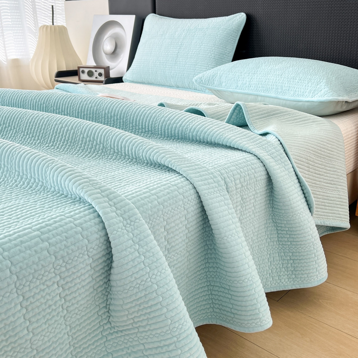 91家纺网 家纺一手货源 找家纺 沐纯家居 2025新款婴儿绒天丝水洗床盖三件套-赫拉 赫拉-孔雀绿