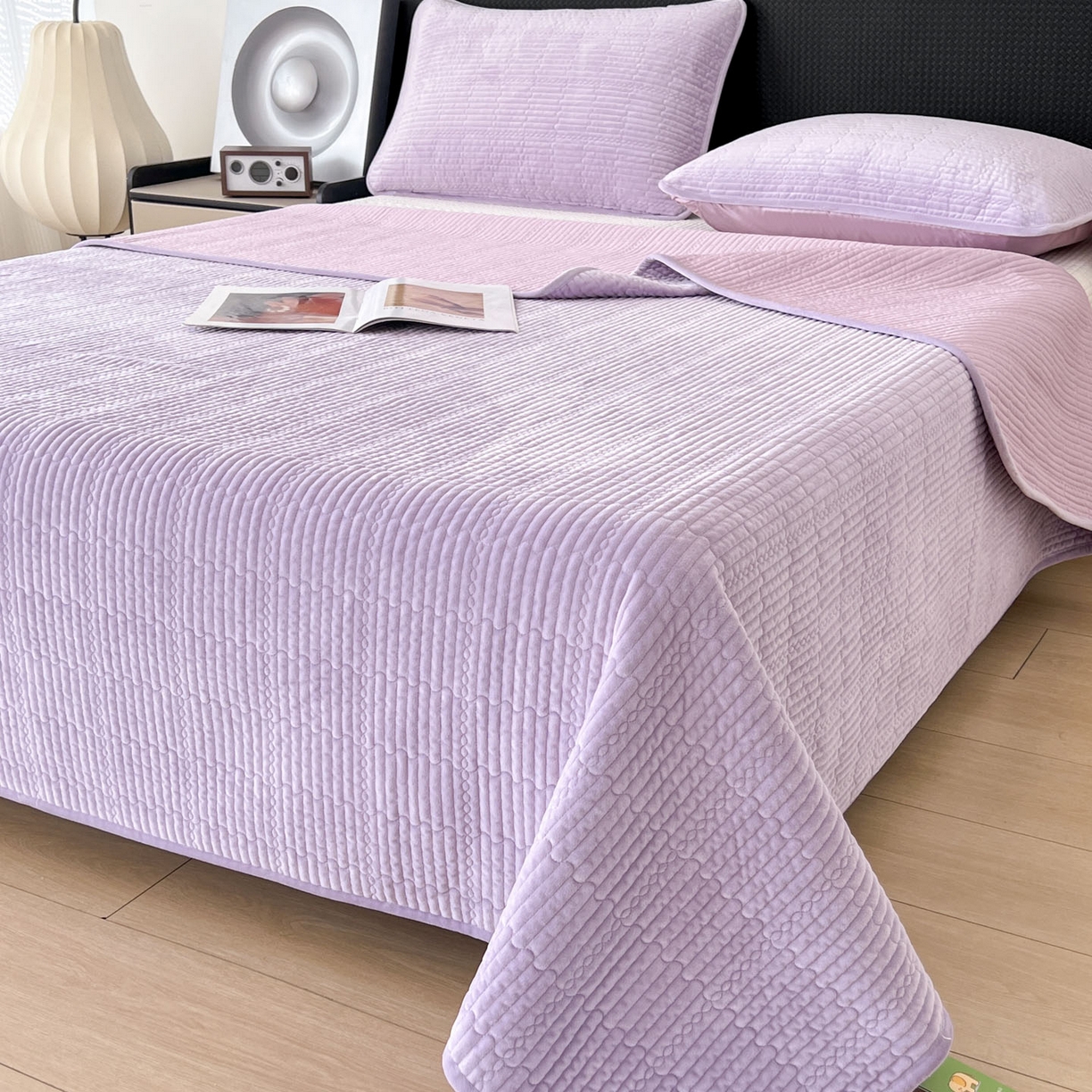 91家纺网 家纺一手货源 找家纺 沐纯家居 2025新款婴儿绒天丝水洗床盖三件套-赫拉 赫拉-香芋紫