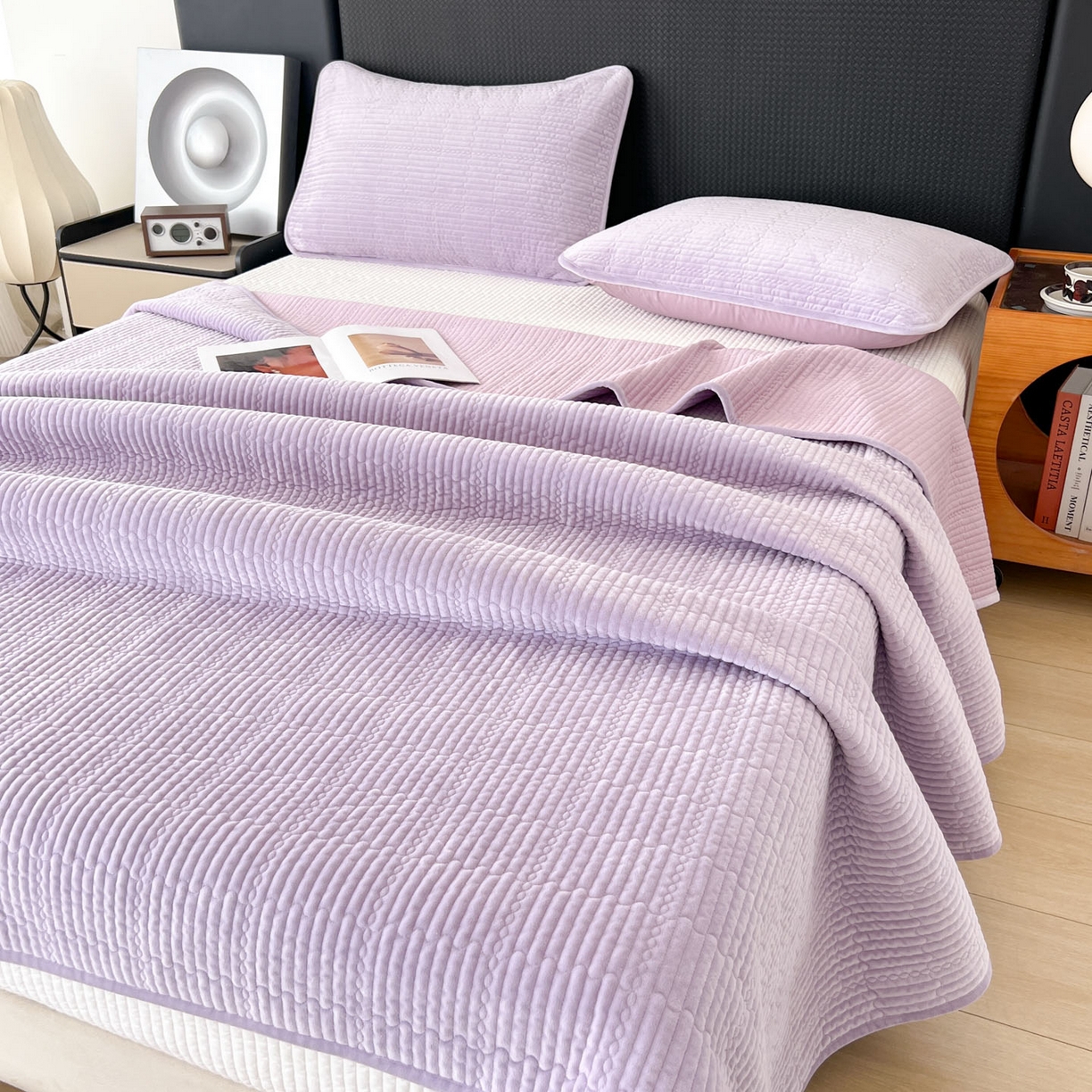 91家纺网 家纺一手货源 找家纺 沐纯家居 2025新款婴儿绒天丝水洗床盖三件套-赫拉 赫拉-香芋紫