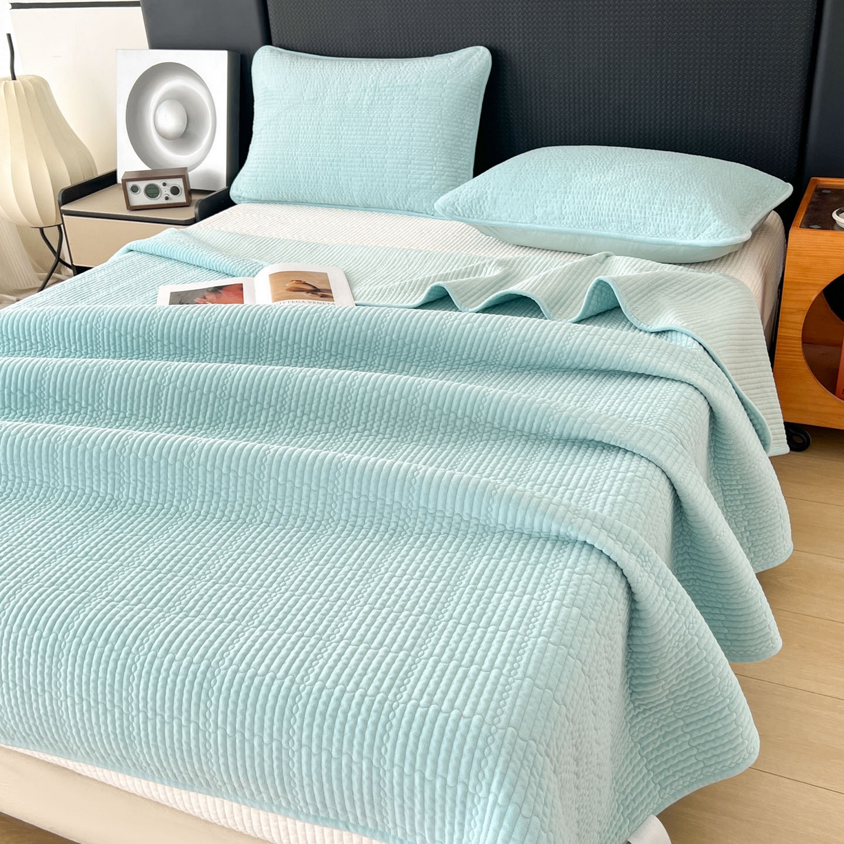 91家纺网 家纺一手货源 找家纺 沐纯家居 2025新款婴儿绒天丝水洗床盖三件套-赫拉 赫拉-孔雀绿