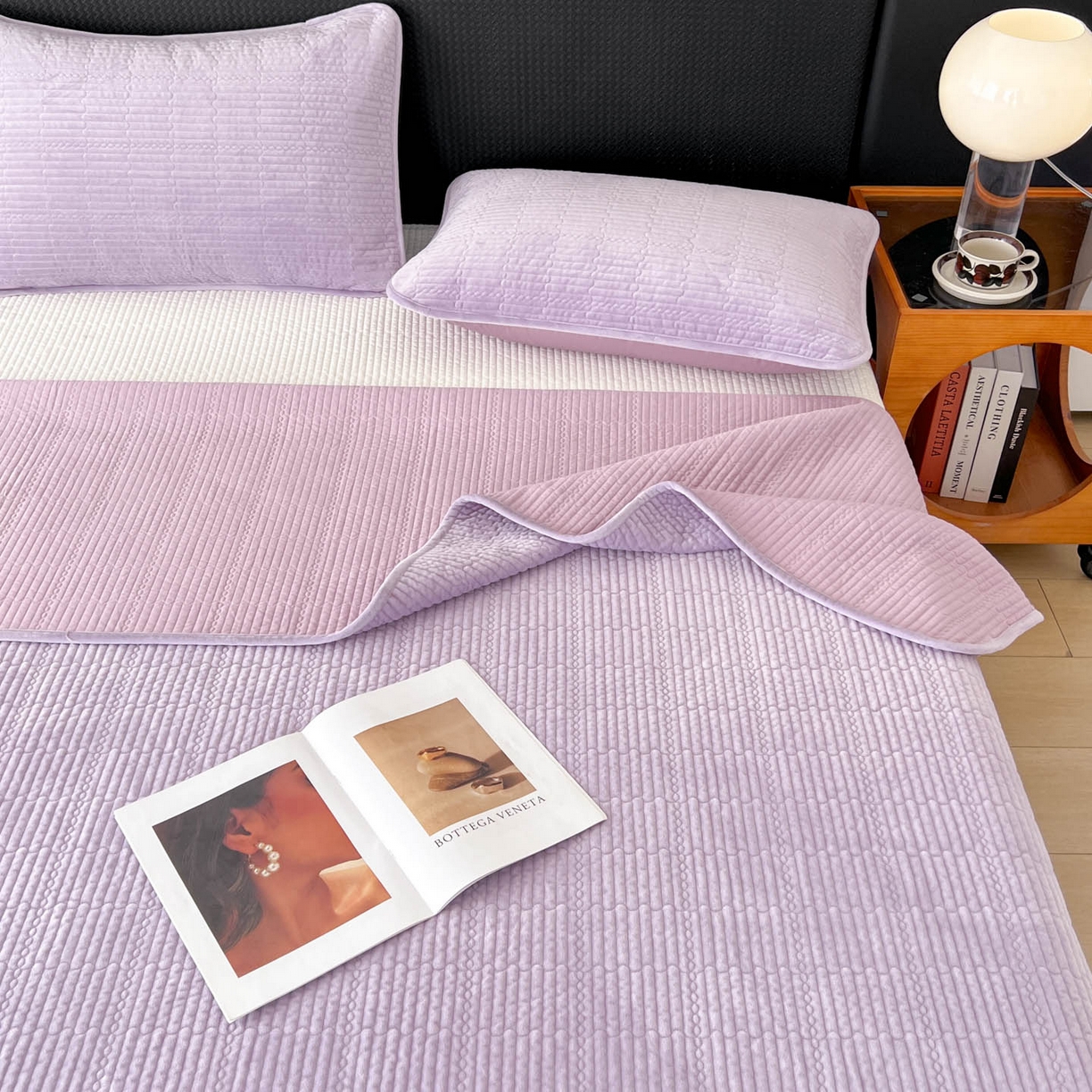 91家纺网 家纺一手货源 找家纺 沐纯家居 2025新款婴儿绒天丝水洗床盖三件套-赫拉 赫拉-香芋紫