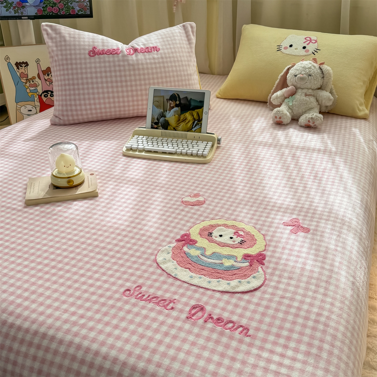 灰鲸 2025新款高克重牛奶绒毛巾绣单床单 粉格蛋糕喵