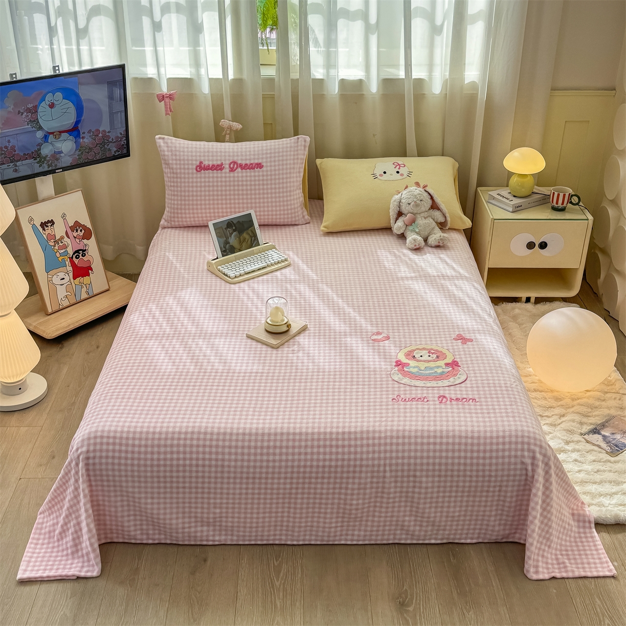 91家纺网 家纺一手货源 找家纺 灰鲸 2025新款高克重牛奶绒毛巾绣单床单 粉格蛋糕喵