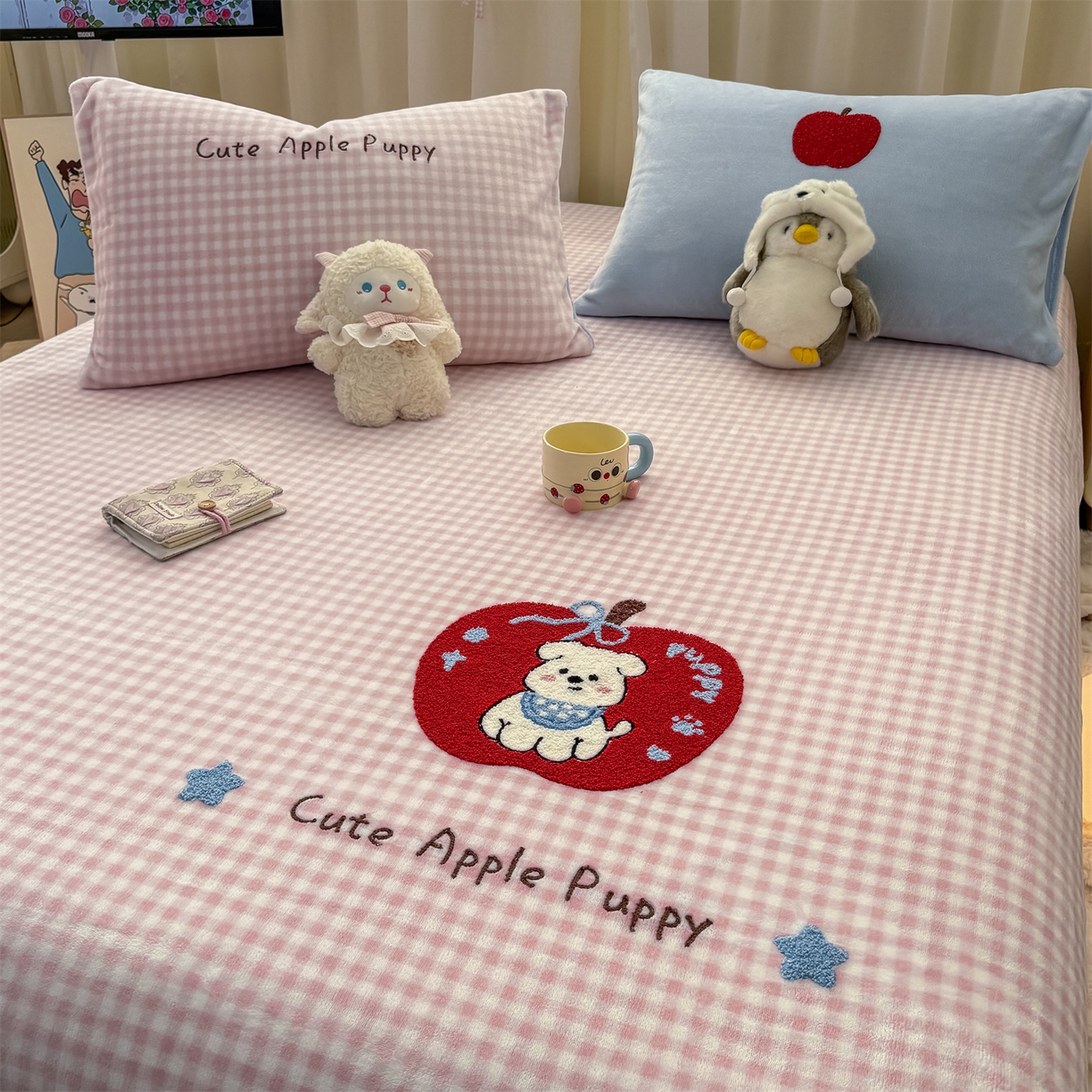 灰鲸 2025新款高克重牛奶绒毛巾绣单床单 粉格苹果狗