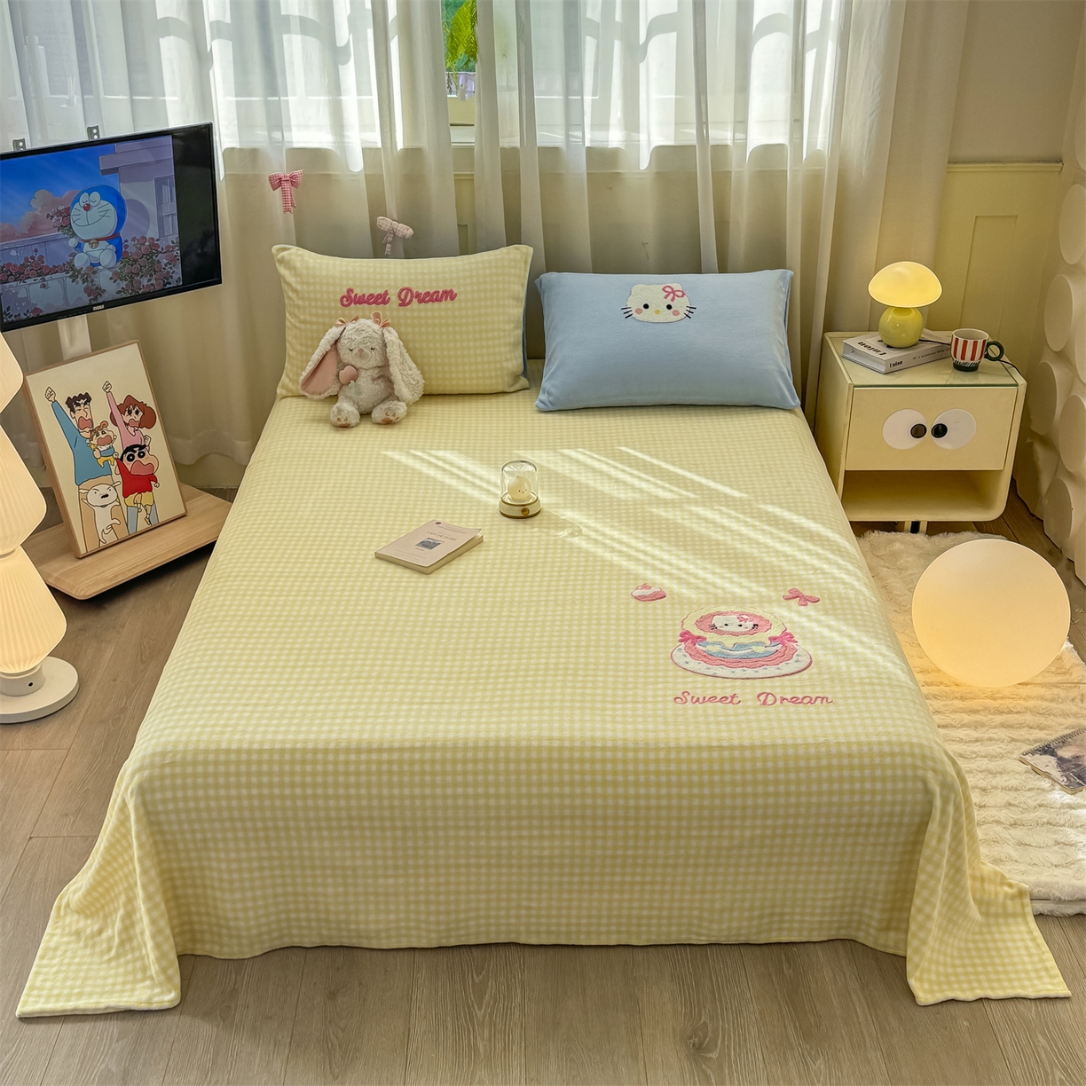 91家纺网 家纺一手货源 找家纺 灰鲸 2025新款高克重牛奶绒毛巾绣单床单 黄格蛋糕喵