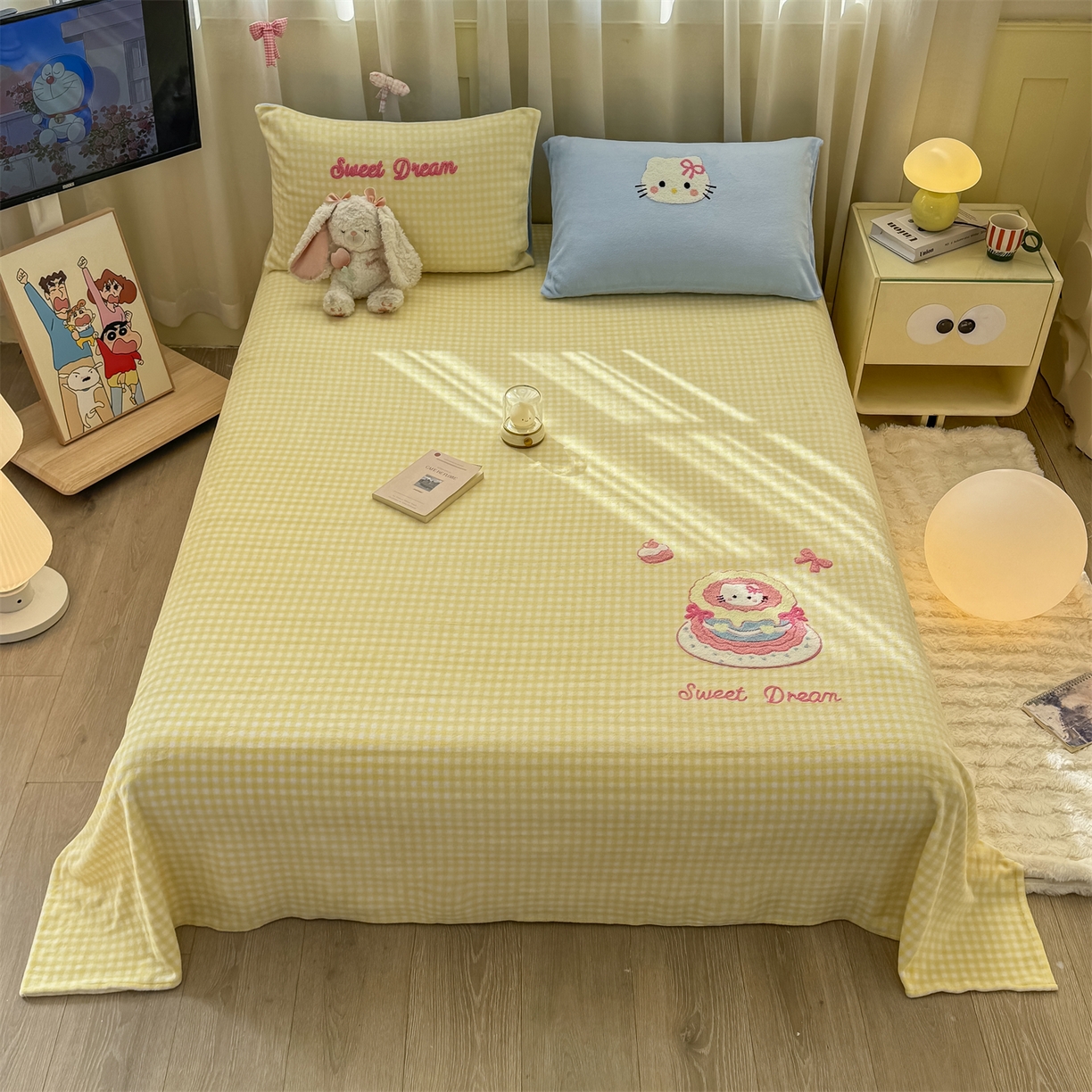 91家纺网 家纺一手货源 找家纺 灰鲸 2025新款高克重牛奶绒毛巾绣单床单 黄格蛋糕喵