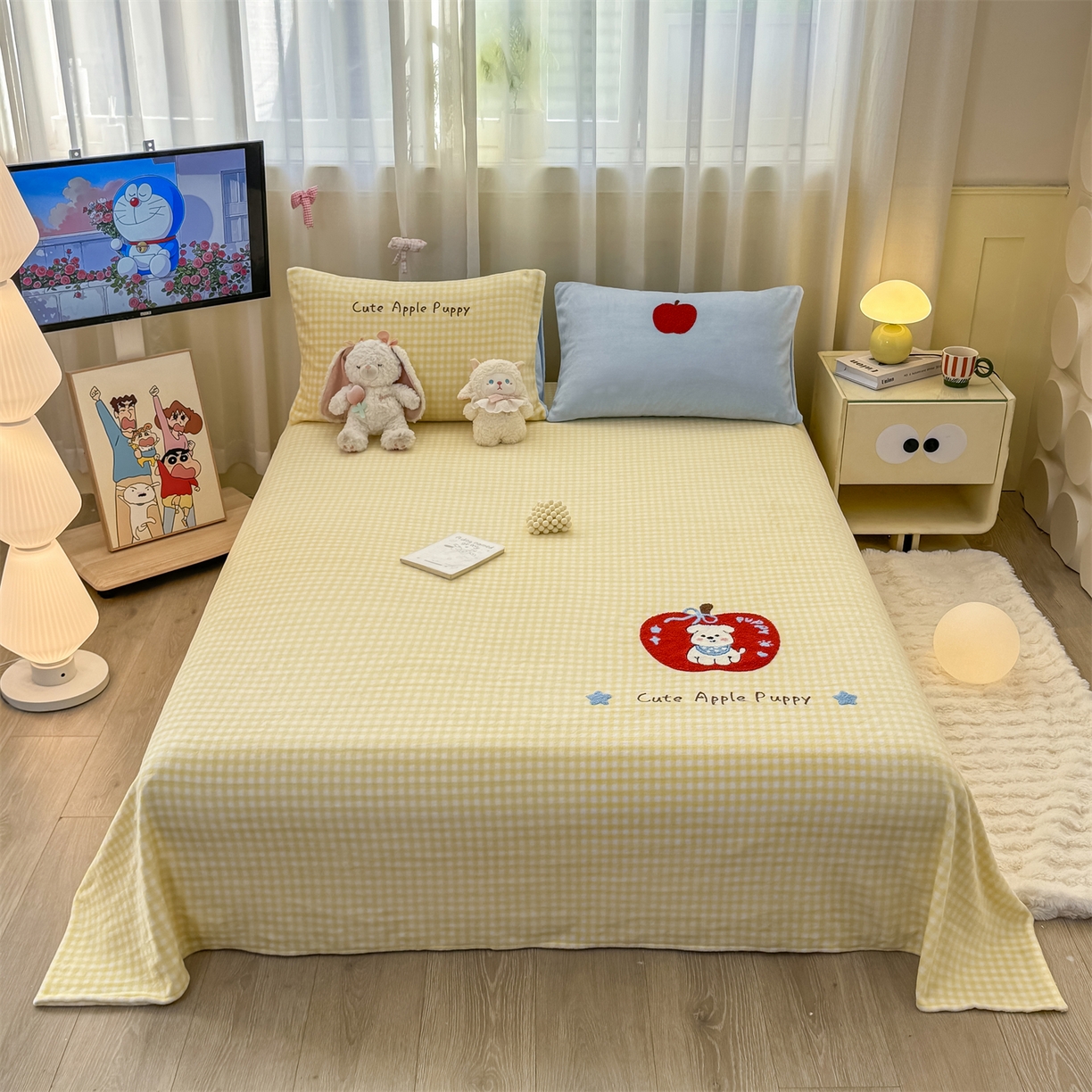 91家纺网 家纺一手货源 找家纺 灰鲸 2025新款高克重牛奶绒毛巾绣单床单 黄格苹果狗