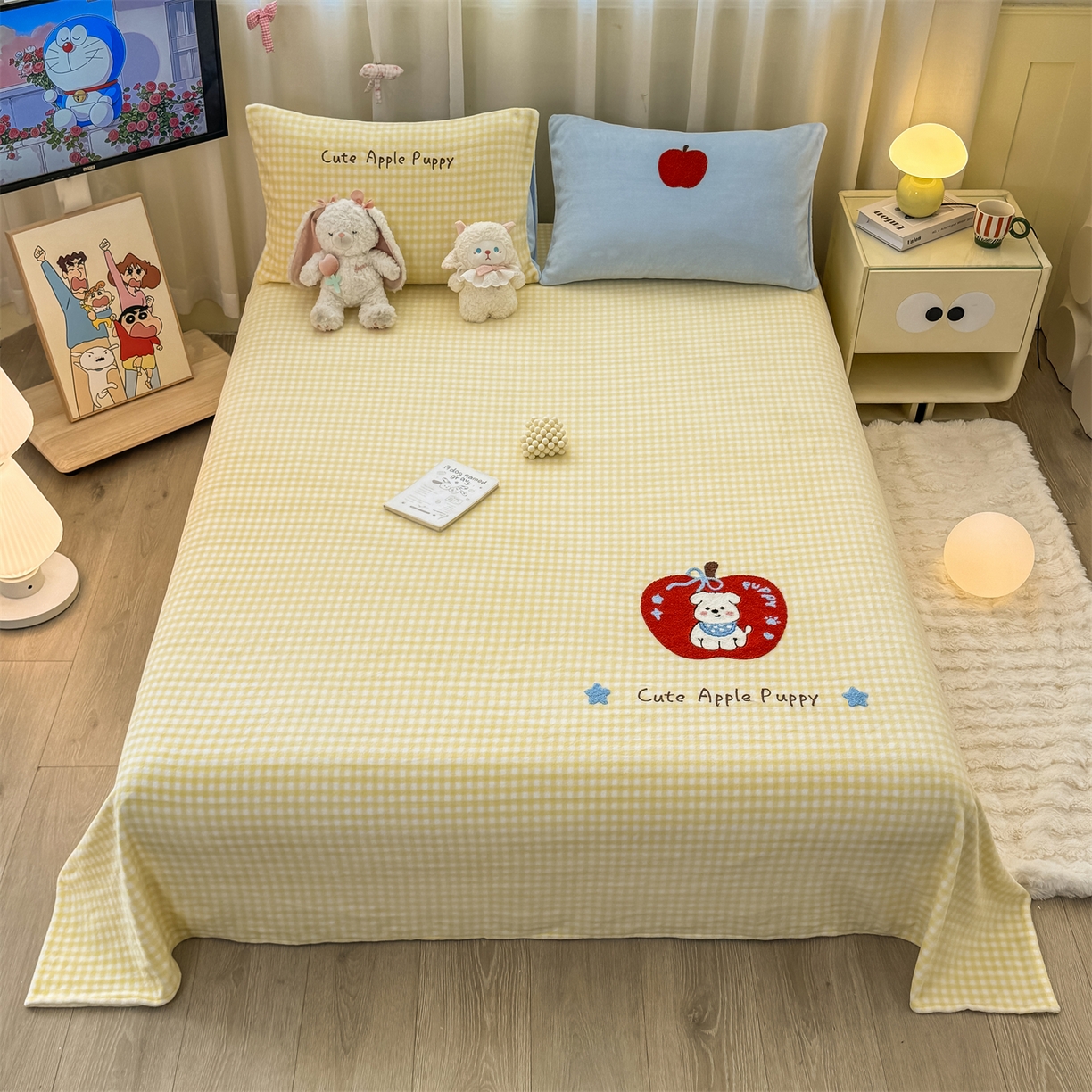 91家纺网 家纺一手货源 找家纺 灰鲸 2025新款高克重牛奶绒毛巾绣单床单 黄格苹果狗