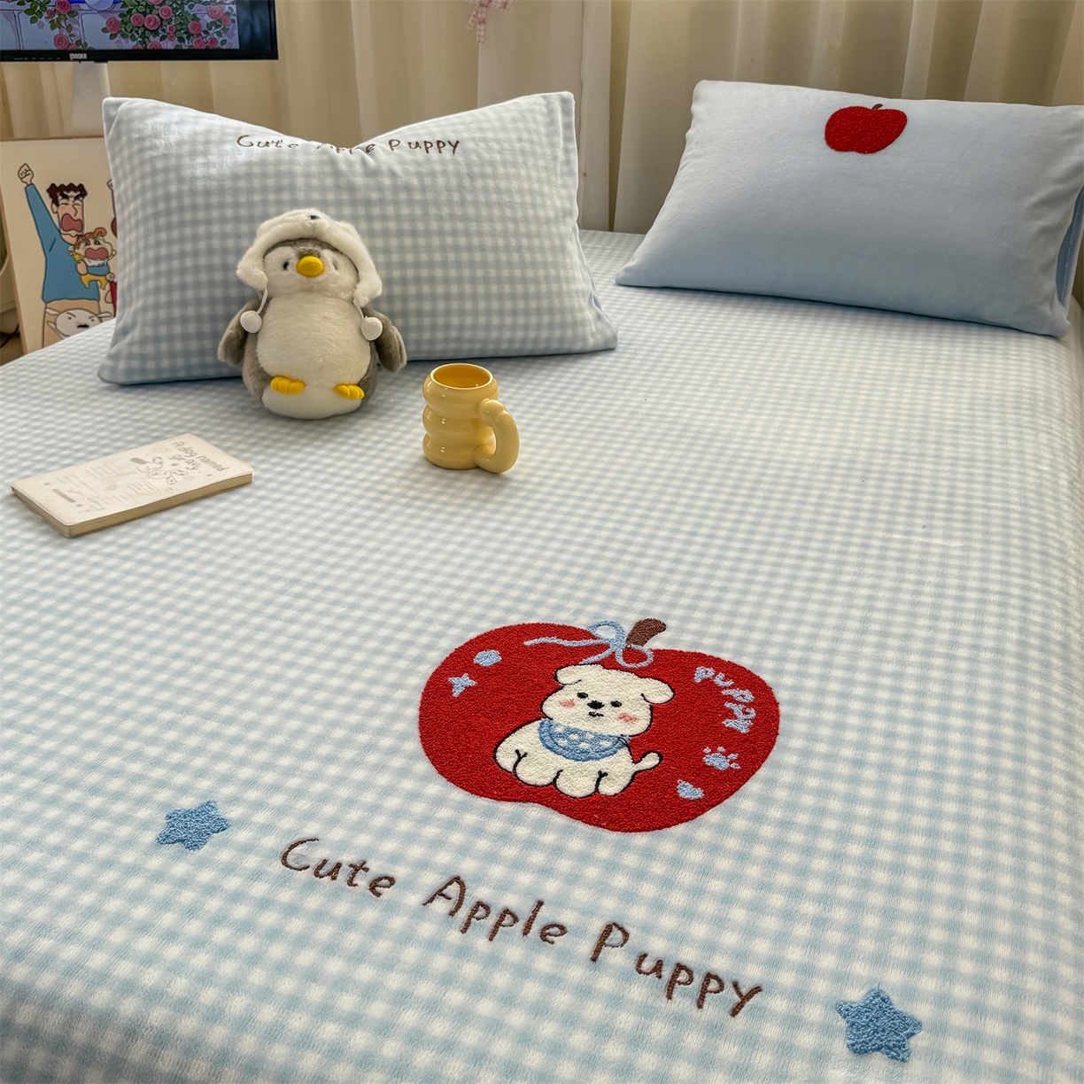 灰鲸 2025新款高克重牛奶绒毛巾绣单床单 蓝格苹果狗