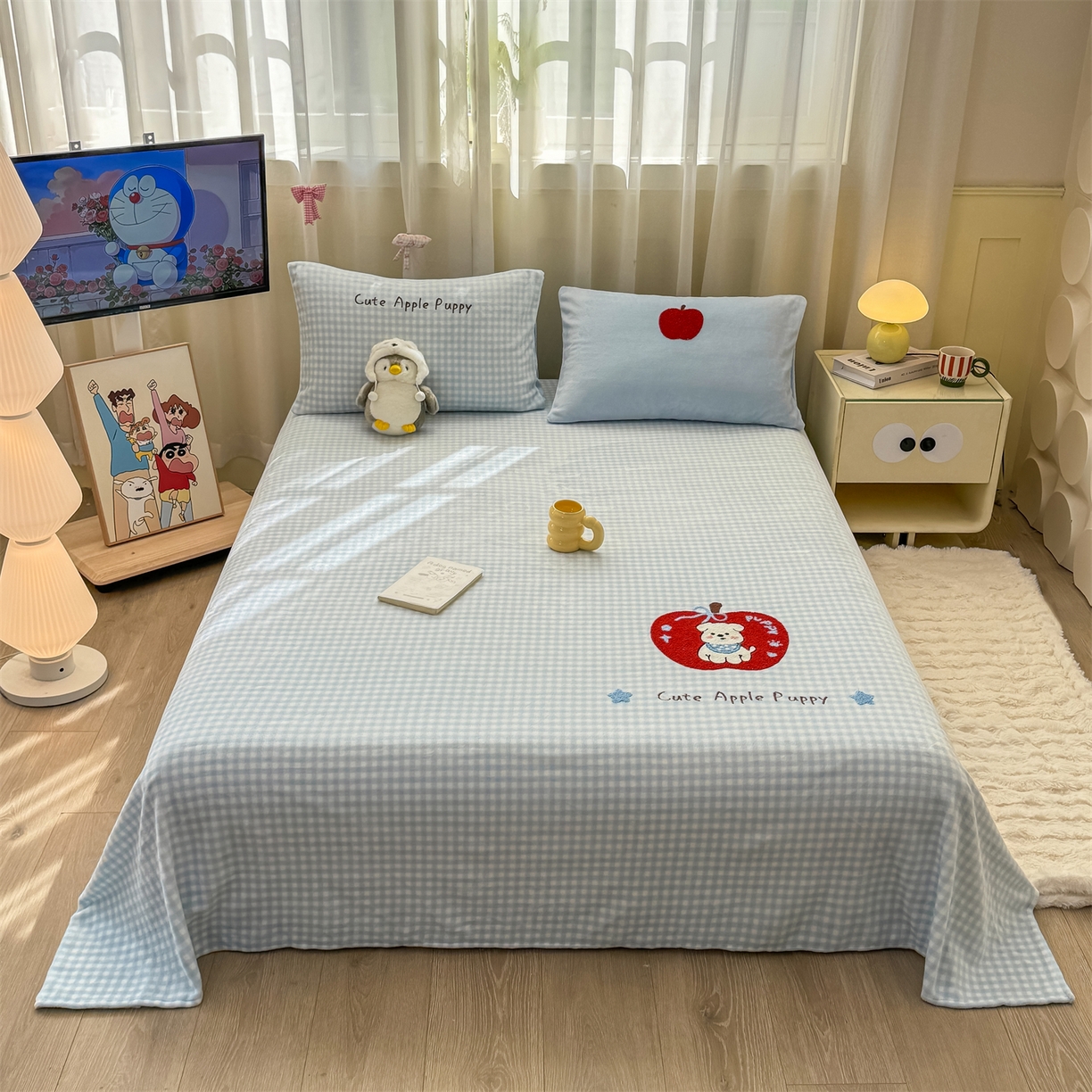 91家纺网 家纺一手货源 找家纺 灰鲸 2025新款高克重牛奶绒毛巾绣单床单 蓝格苹果狗