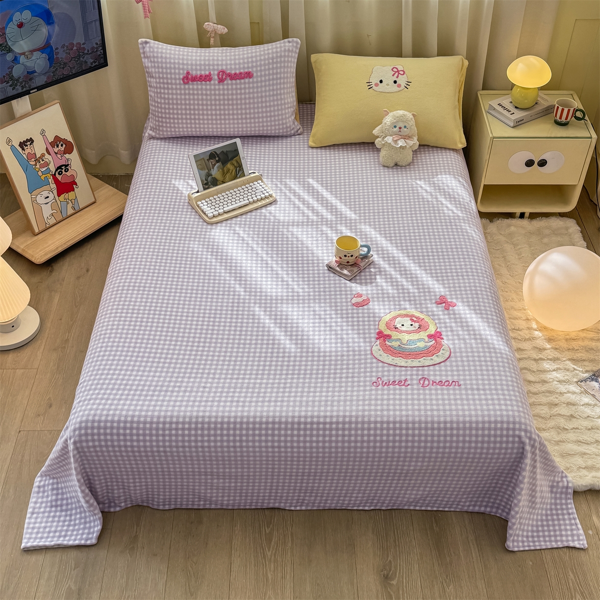 91家纺网 家纺一手货源 找家纺 灰鲸 2025新款高克重牛奶绒毛巾绣单床单 紫格蛋糕喵