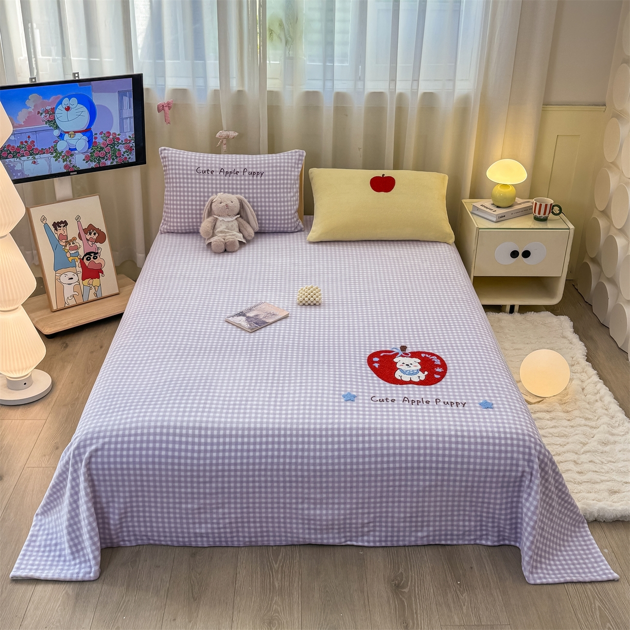 91家纺网 家纺一手货源 找家纺 灰鲸 2025新款高克重牛奶绒毛巾绣单床单 紫格苹果狗