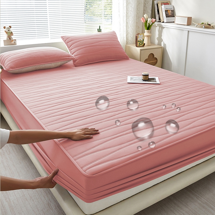 91家纺网 家纺一手货源 找家纺 盛眠家纺 2025新款A类水洗棉磨毛夹棉防水床笠 若水-粉红