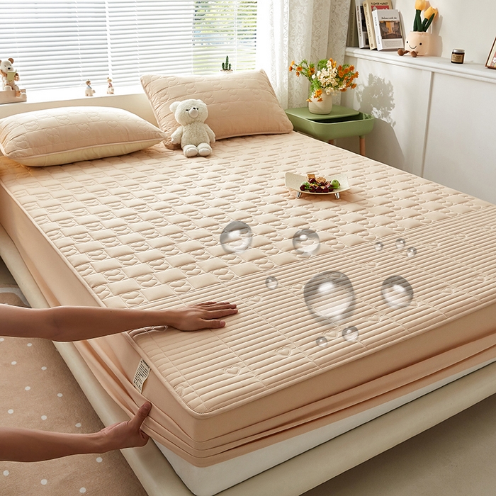 盛眠家纺 2025新款A类水洗棉磨毛夹棉防水床笠 爱巢-卡其