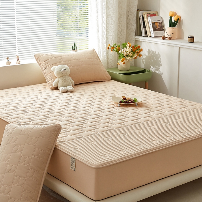 91家纺网 家纺一手货源 找家纺 盛眠家纺 2025新款A类水洗棉磨毛夹棉防水床笠 爱巢-卡其