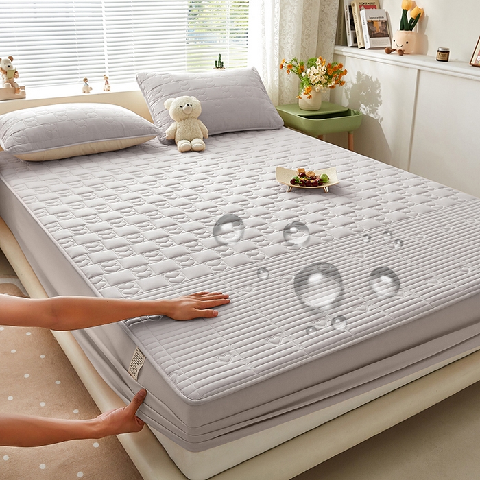 盛眠家纺 2025新款A类水洗棉磨毛夹棉防水床笠 爱巢-米灰