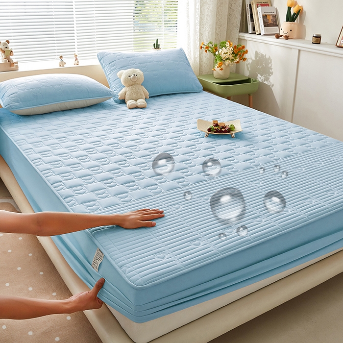 盛眠家纺 2025新款A类水洗棉磨毛夹棉防水床笠 爱巢-浅蓝