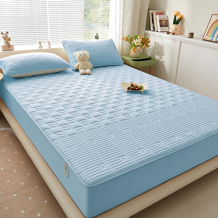 91家纺网 家纺一手货源 找家纺 盛眠家纺 2025新款A类水洗棉磨毛夹棉防水床笠 爱巢-浅蓝