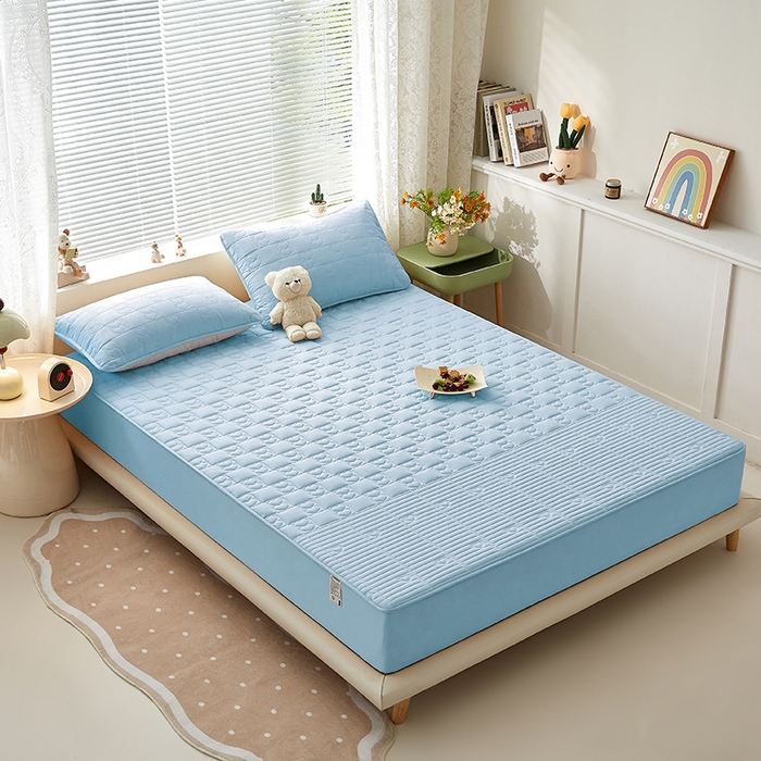 91家纺网 家纺一手货源 找家纺 盛眠家纺 2025新款A类水洗棉磨毛夹棉防水床笠 爱巢-浅蓝