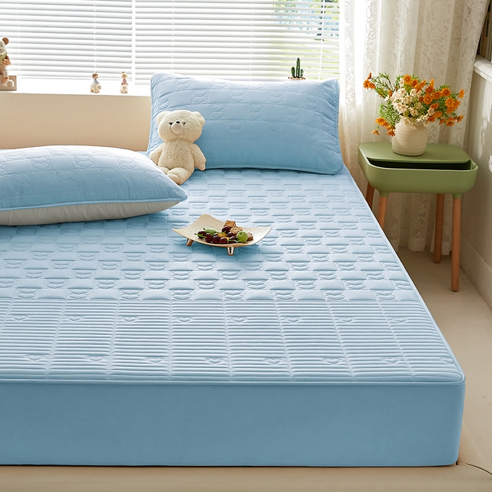 91家纺网 家纺一手货源 找家纺 盛眠家纺 2025新款A类水洗棉磨毛夹棉防水床笠 爱巢-浅蓝