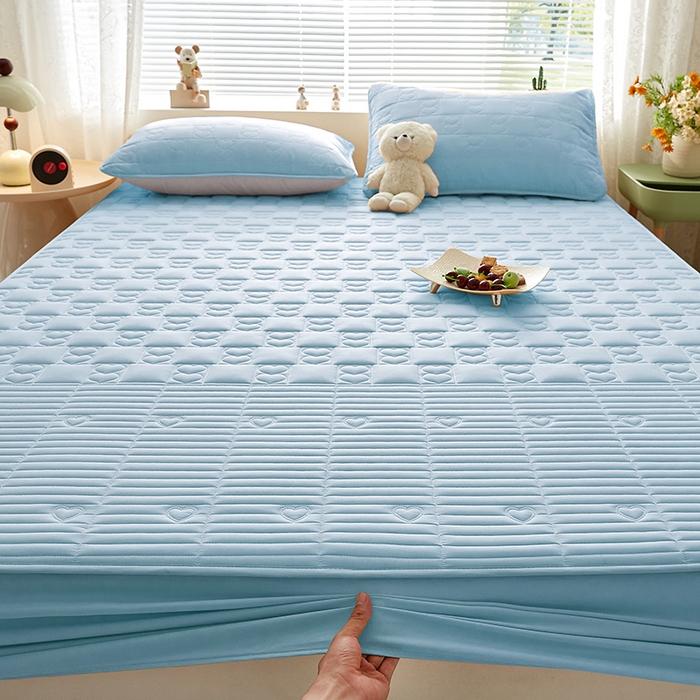 91家纺网 家纺一手货源 找家纺 盛眠家纺 2025新款A类水洗棉磨毛夹棉防水床笠 爱巢-浅蓝