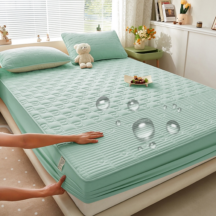 盛眠家纺 2025新款A类水洗棉磨毛夹棉防水床笠 爱巢-浅绿