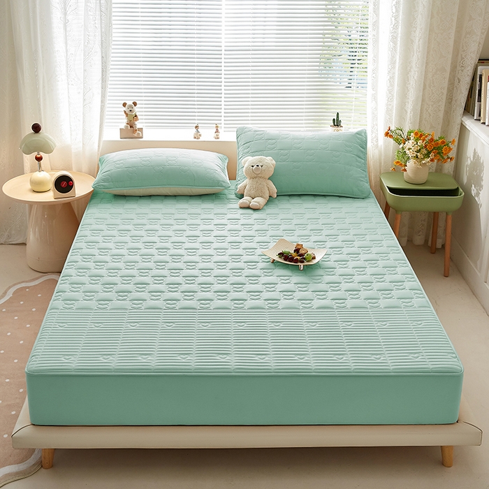 91家纺网 家纺一手货源 找家纺 盛眠家纺 2025新款A类水洗棉磨毛夹棉防水床笠 爱巢-浅绿