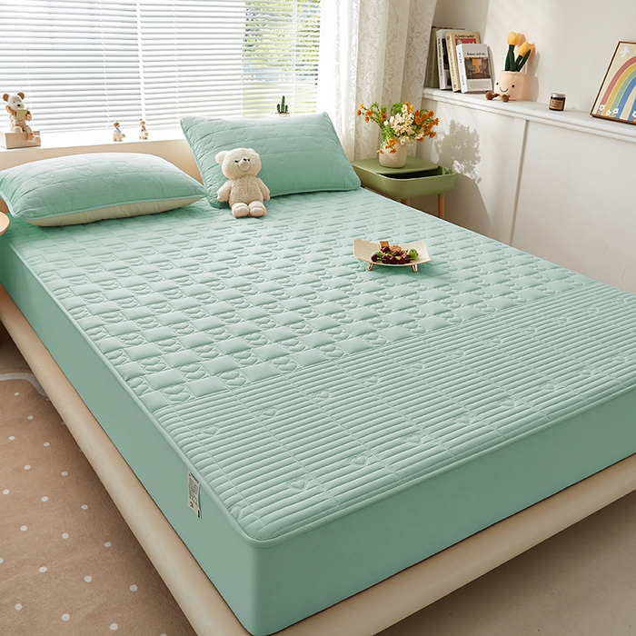 91家纺网 家纺一手货源 找家纺 盛眠家纺 2025新款A类水洗棉磨毛夹棉防水床笠 爱巢-浅绿