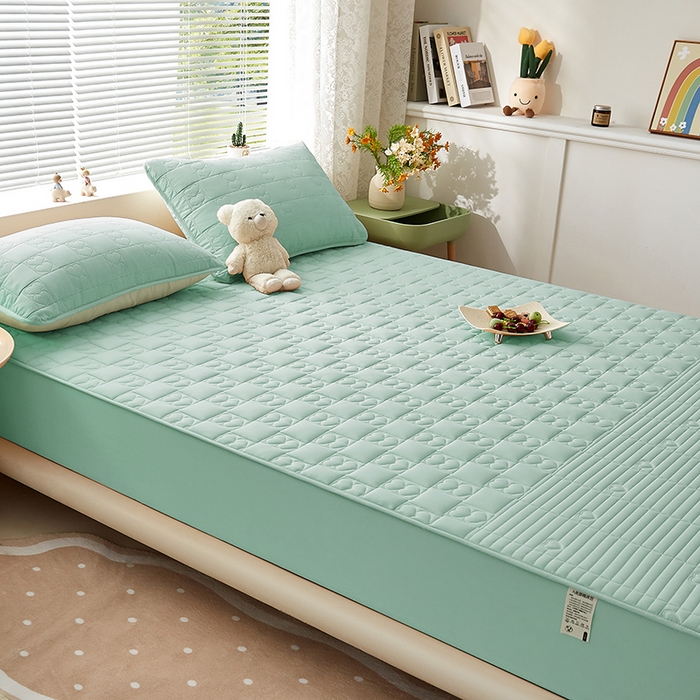 91家纺网 家纺一手货源 找家纺 盛眠家纺 2025新款A类水洗棉磨毛夹棉防水床笠 爱巢-浅绿