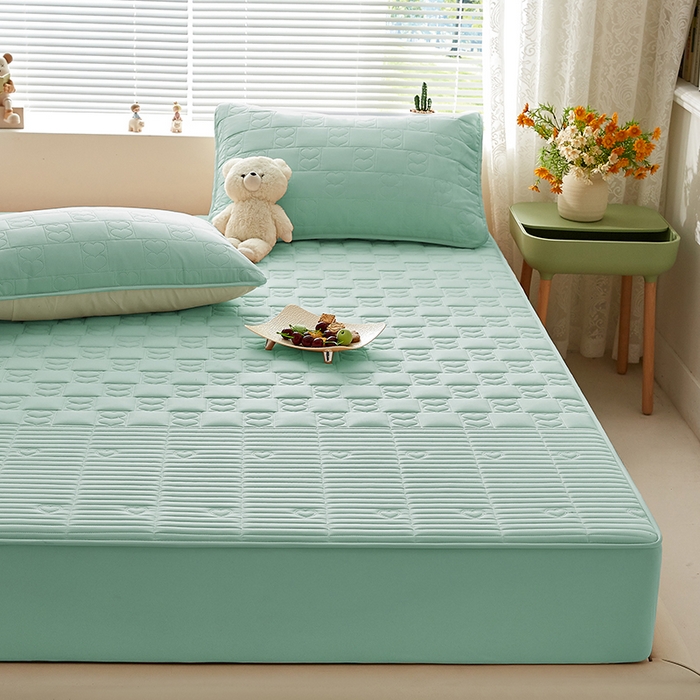 91家纺网 家纺一手货源 找家纺 盛眠家纺 2025新款A类水洗棉磨毛夹棉防水床笠 爱巢-浅绿