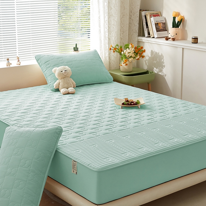 91家纺网 家纺一手货源 找家纺 盛眠家纺 2025新款A类水洗棉磨毛夹棉防水床笠 爱巢-浅绿