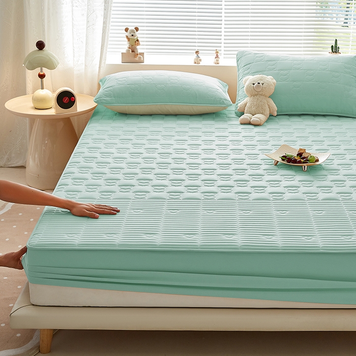 91家纺网 家纺一手货源 找家纺 盛眠家纺 2025新款A类水洗棉磨毛夹棉防水床笠 爱巢-浅绿