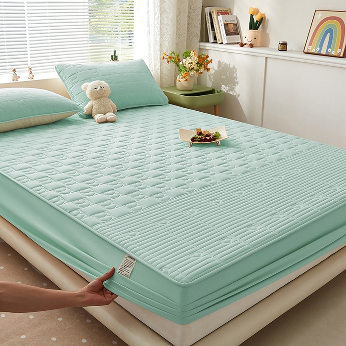 91家纺网 家纺一手货源 找家纺 盛眠家纺 2025新款A类水洗棉磨毛夹棉防水床笠 爱巢-浅绿