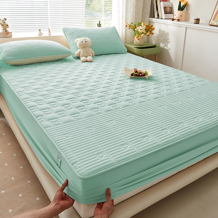 91家纺网 家纺一手货源 找家纺 盛眠家纺 2025新款A类水洗棉磨毛夹棉防水床笠 爱巢-浅绿