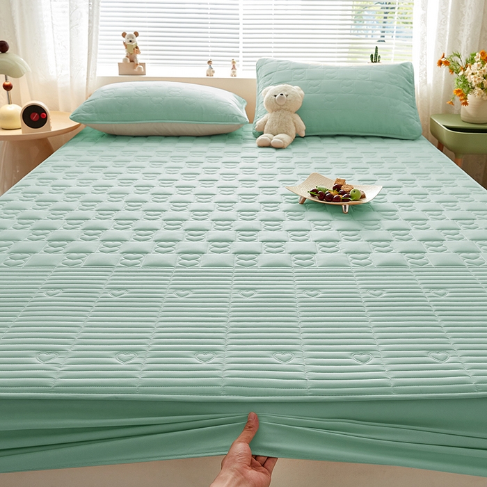 91家纺网 家纺一手货源 找家纺 盛眠家纺 2025新款A类水洗棉磨毛夹棉防水床笠 爱巢-浅绿