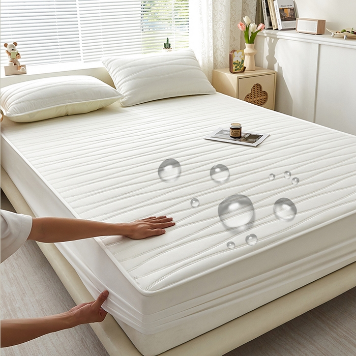 盛眠家纺 2025新款A类水洗棉磨毛夹棉防水床笠 若水-白色