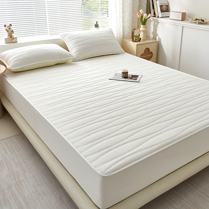 91家纺网 家纺一手货源 找家纺 盛眠家纺 2025新款A类水洗棉磨毛夹棉防水床笠 若水-白色