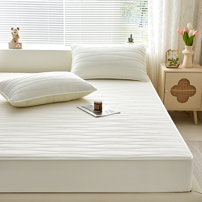 91家纺网 家纺一手货源 找家纺 盛眠家纺 2025新款A类水洗棉磨毛夹棉防水床笠 若水-白色