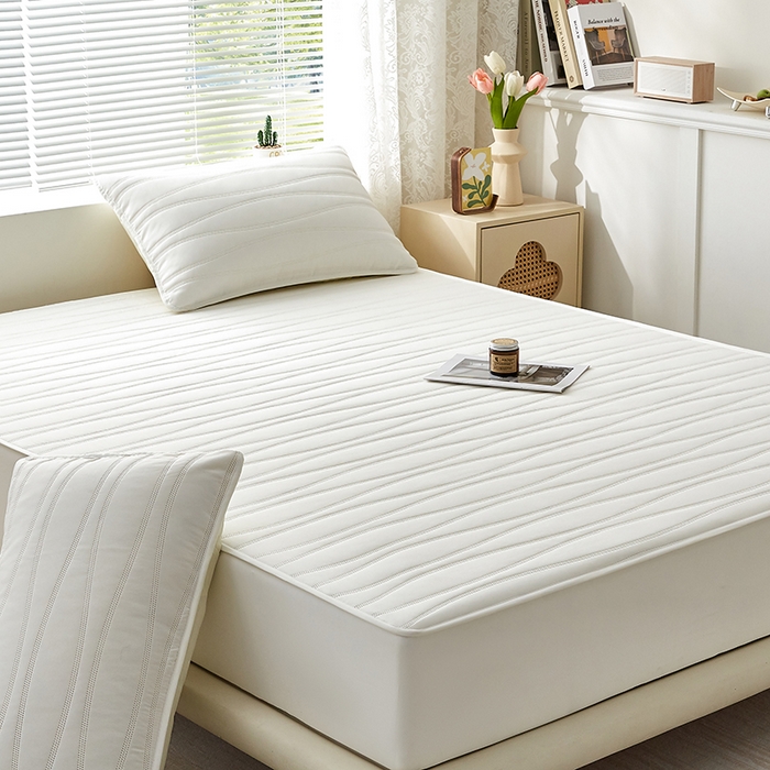 91家纺网 家纺一手货源 找家纺 盛眠家纺 2025新款A类水洗棉磨毛夹棉防水床笠 若水-白色