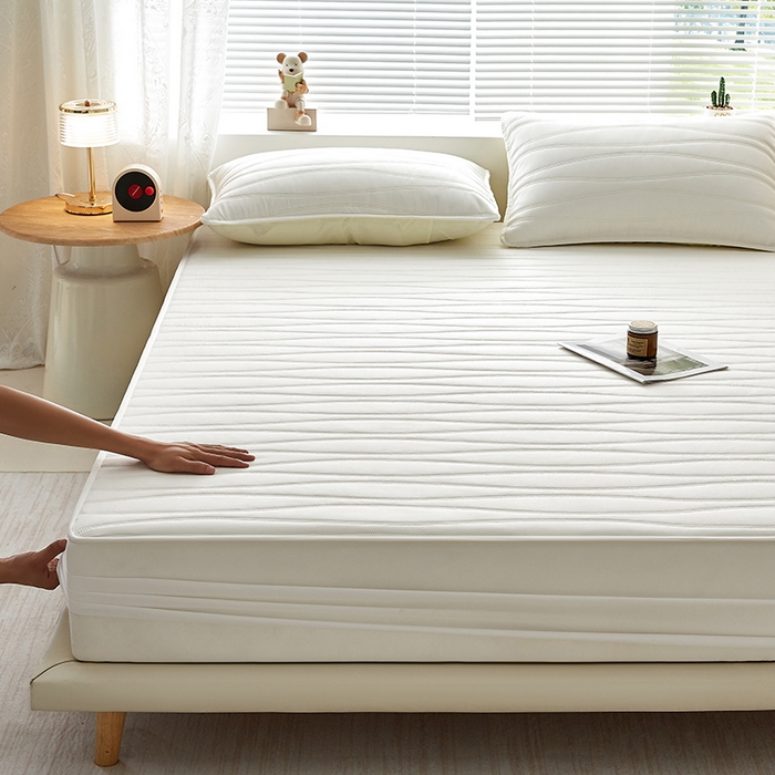 91家纺网 家纺一手货源 找家纺 盛眠家纺 2025新款A类水洗棉磨毛夹棉防水床笠 若水-白色