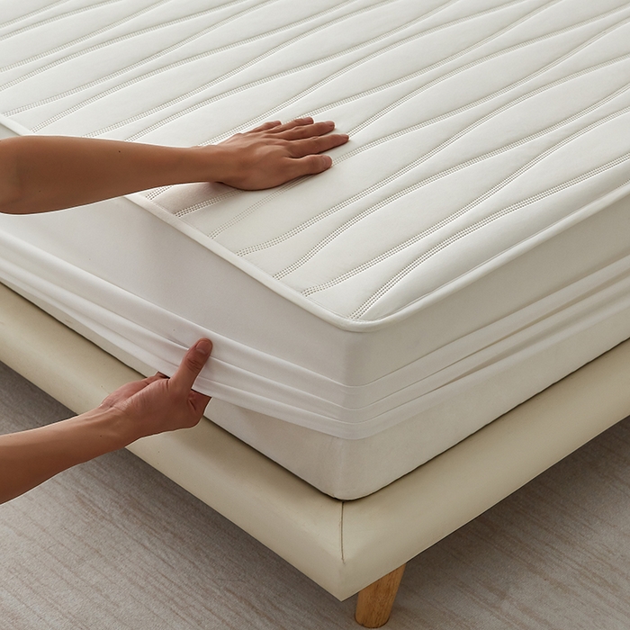 91家纺网 家纺一手货源 找家纺 盛眠家纺 2025新款A类水洗棉磨毛夹棉防水床笠 若水-白色